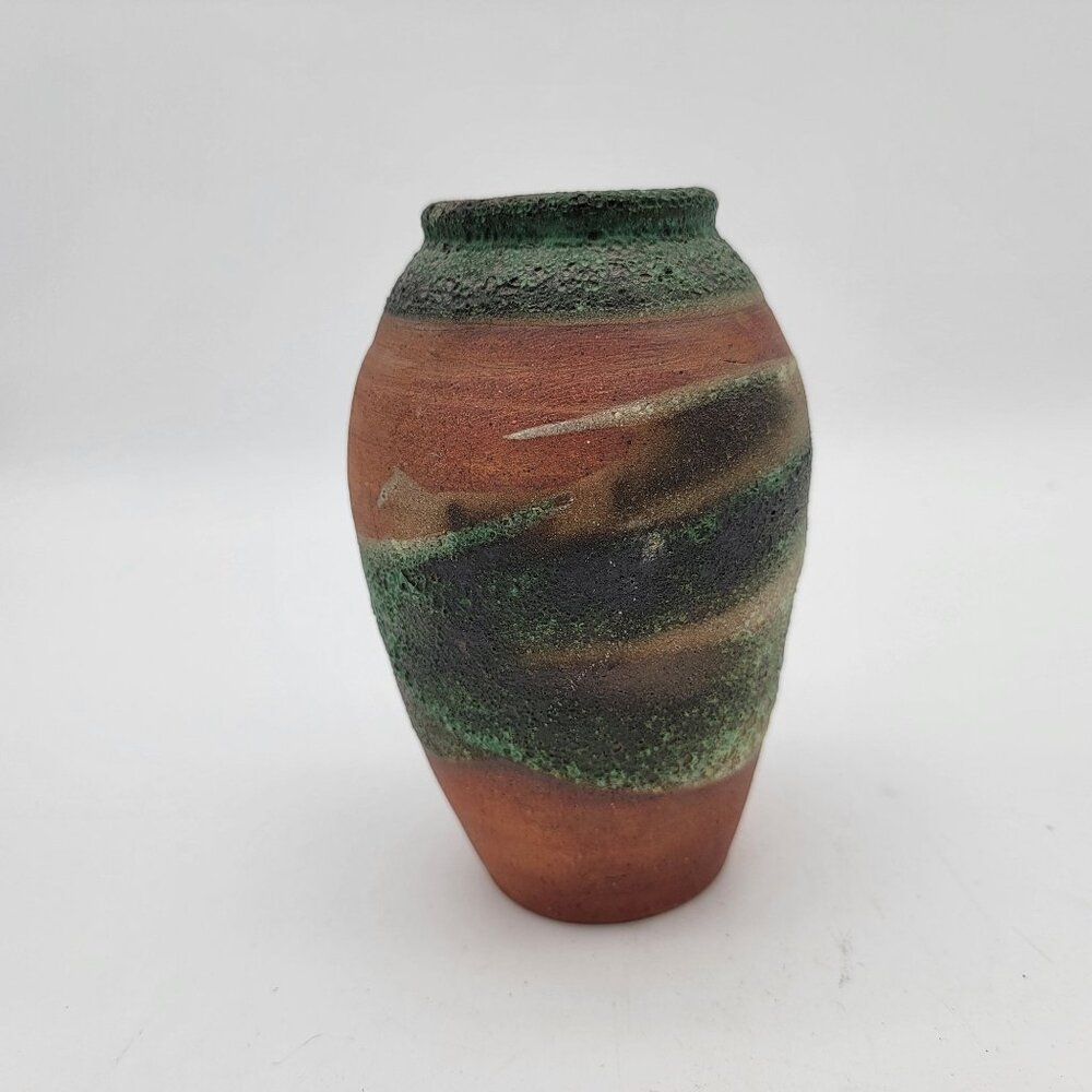 Rustic Pottery Vase With Green & Brown Textured Swirl Design